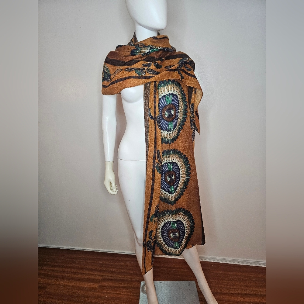 Beautiful Printed Feather Print Long Scarf - Camel/Brown